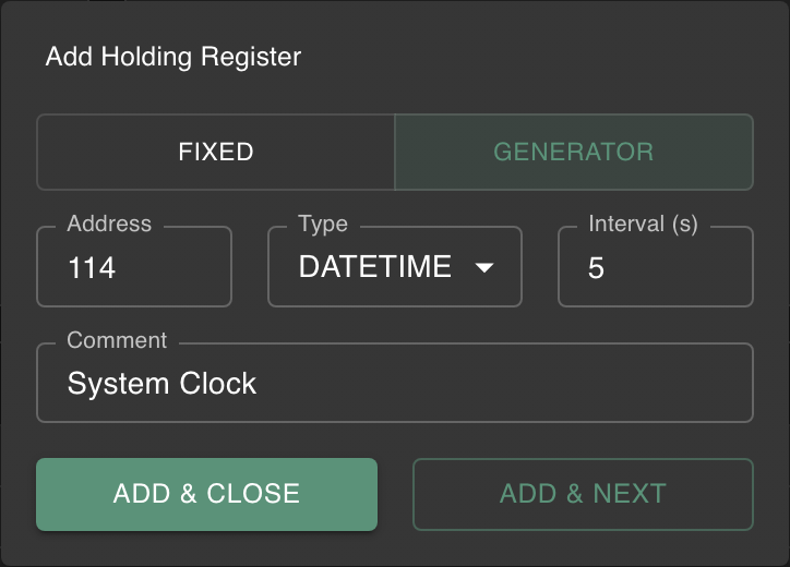 Add Register dialog for a datetime with time-based generator