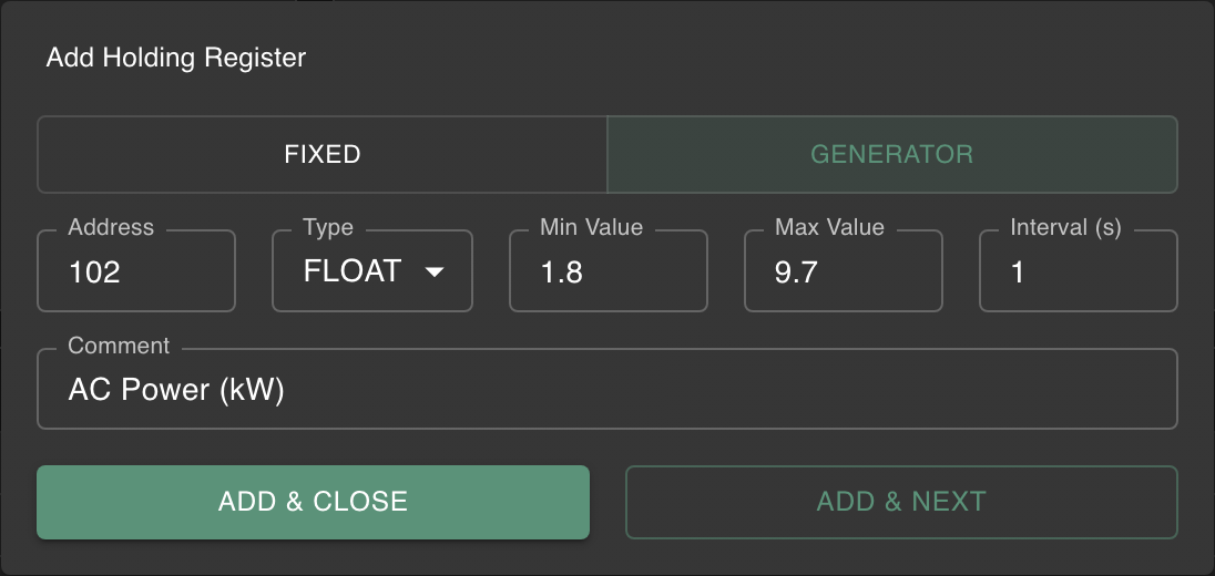 Add Register dialog with float generator showing min, max and interval fields