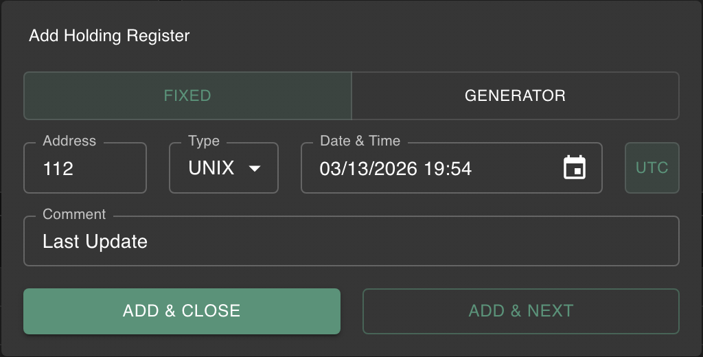 Add Register dialog for a Unix timestamp with DateTimePicker and UTC toggle