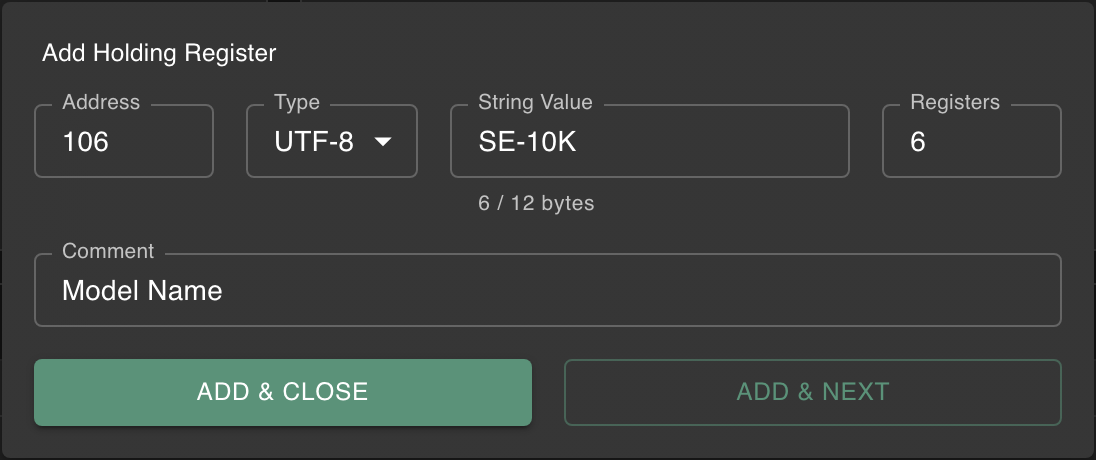 Add Register dialog for a UTF-8 string showing byte counter