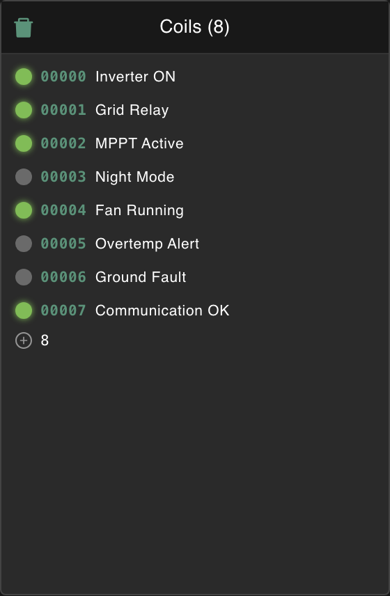 Server coils panel with individual toggle rows and inline comments