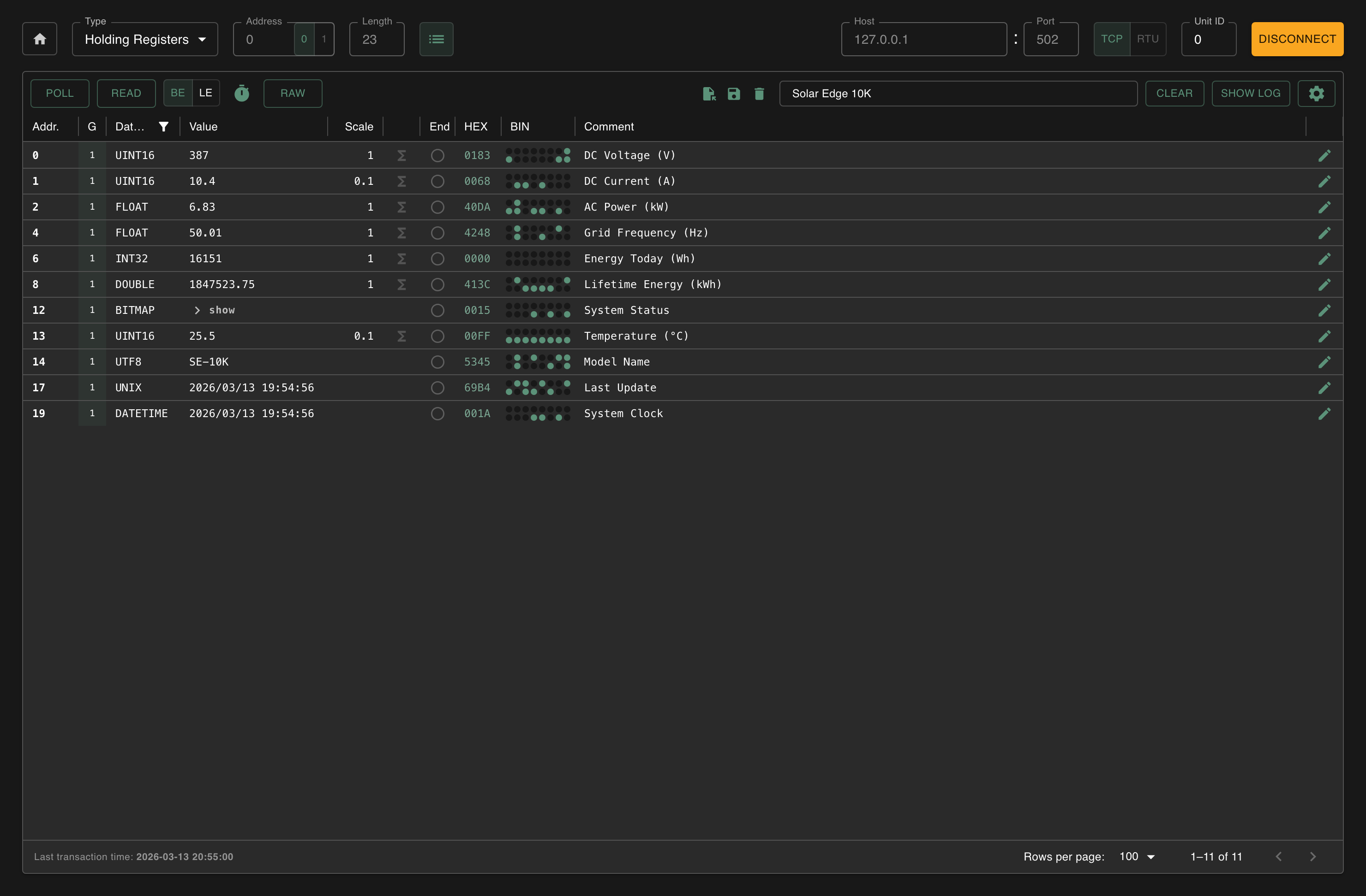 Client connection bar with host, port, protocol toggle and Unit ID