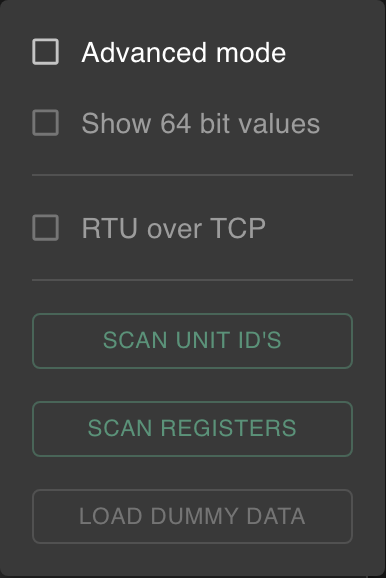 Options menu with the RTU over TCP checkbox enabled