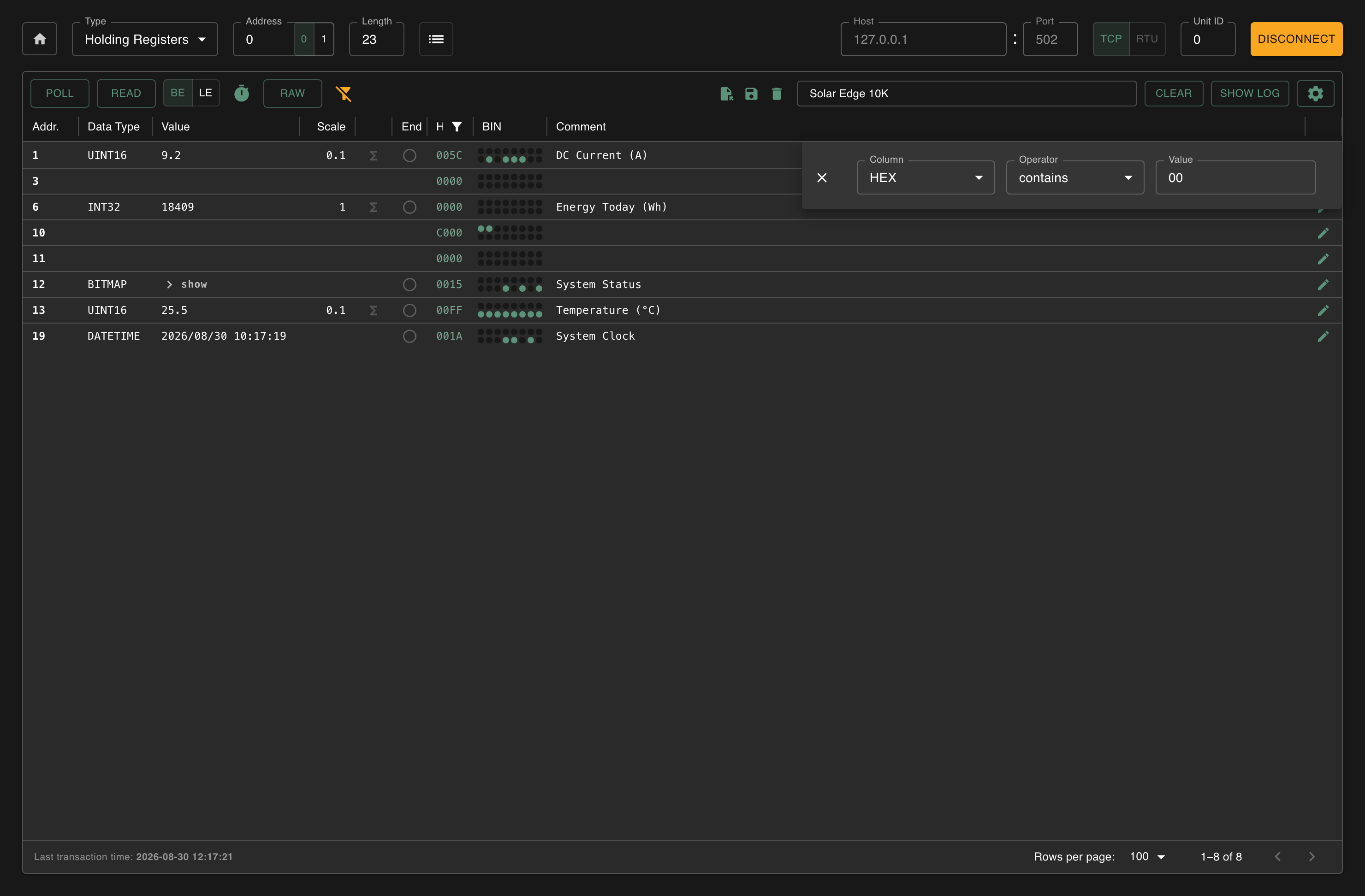 Register grid with a HEX filter applied, the filter panel open and the clear-filters button in the toolbar