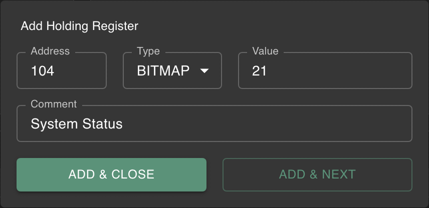 Add Register dialog for a bitmap with fixed value