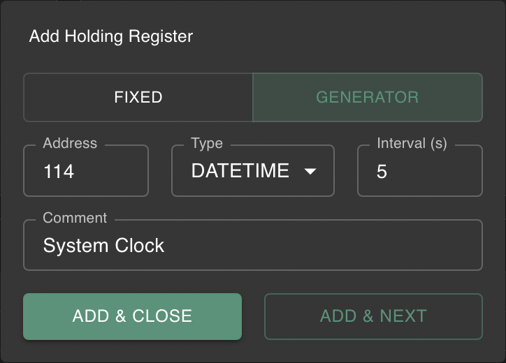 Add Register dialog for a datetime with time-based generator