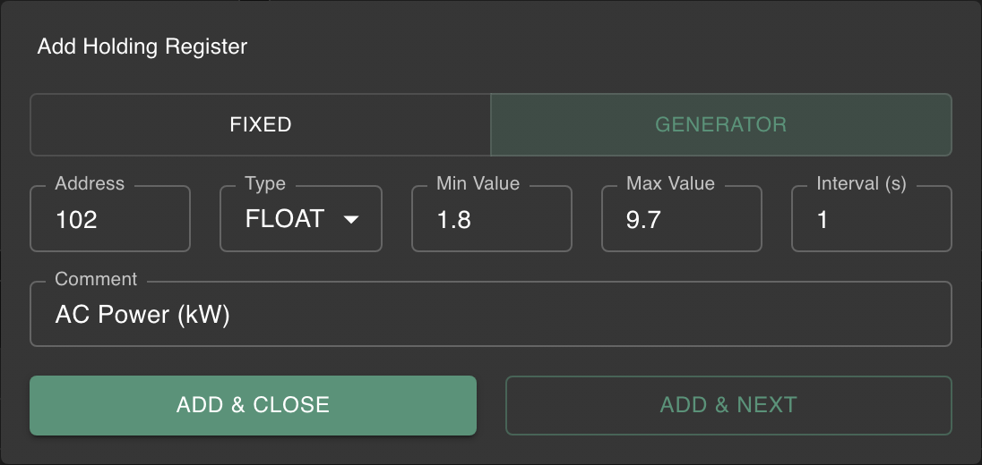 Add Register dialog with float generator showing min, max and interval fields