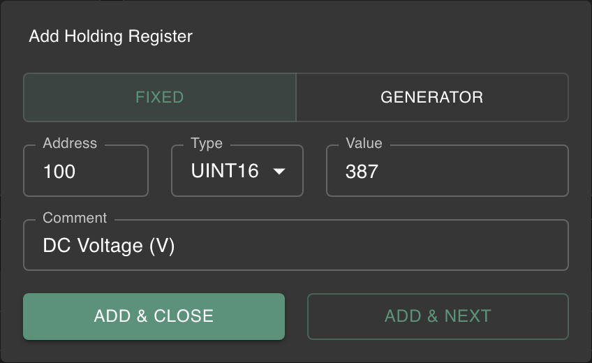 Add Register dialog for a uint16 with fixed value