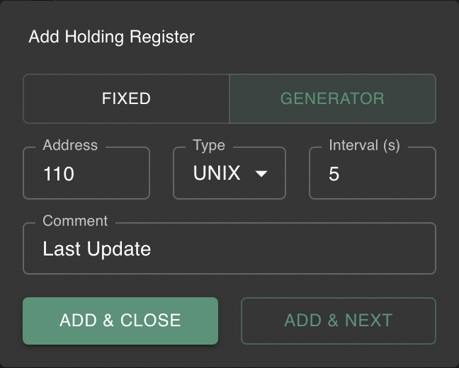 Add Register dialog for a Unix timestamp with time-based generator