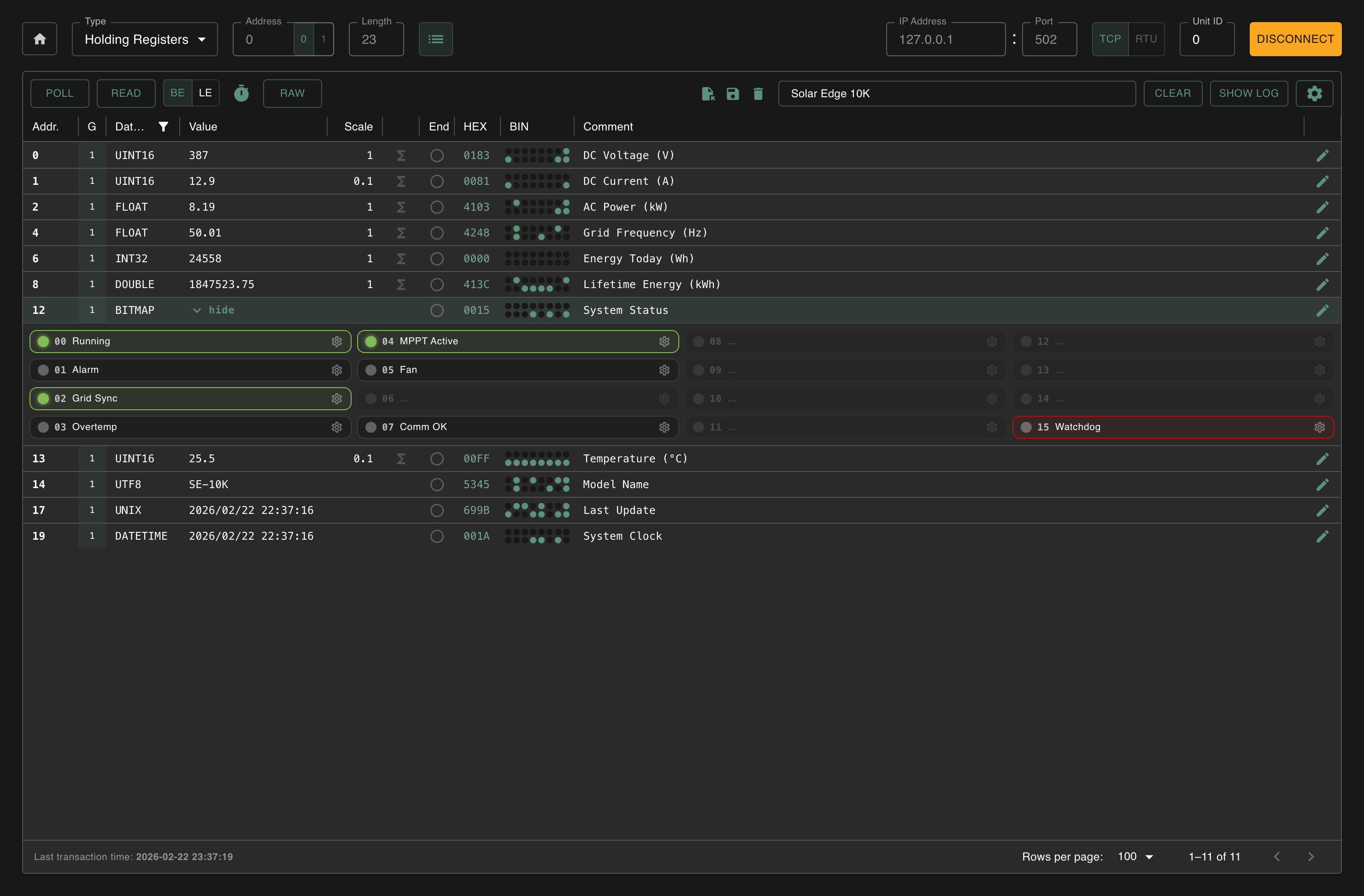 Client bitmap data type with expanded 16-bit detail panel showing per-bit comments, colors and states